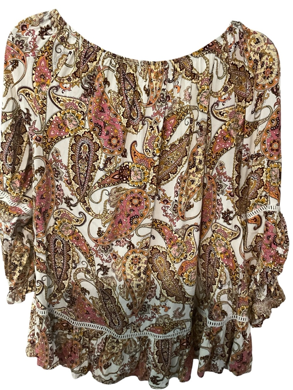 Fever Boho Paisley Peasant Blouse Size L 100% Rayon Ruffle Hem A33 - Picture 5 of 6